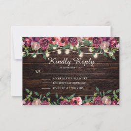 Tarjeta De Confirmación De Asistencia Luces de Cuerda Rústicas Floral Burgundy Madera