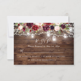 Tarjeta De Confirmación De Asistencia Luces Florales de Madera Rústica Borgoña Boda