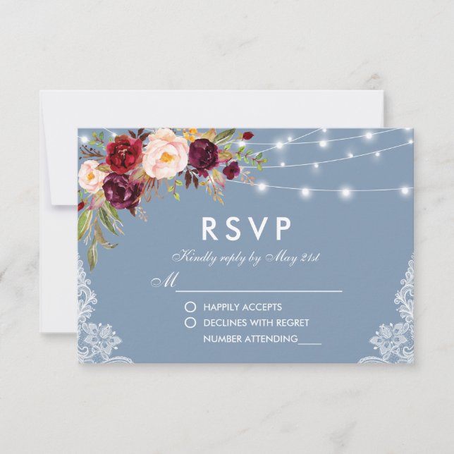 Tarjeta De Confirmación De Asistencia Luces Florales Dusty Blue Burgundy Lace (Anverso)