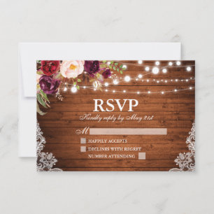 Tarjeta De Confirmación De Asistencia Luces Rusas De Madera Lace Floral Boda
