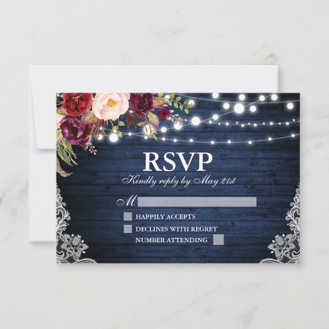 Tarjeta De Confirmación De Asistencia Luces Rustic Blue Wood Lace Floral Boda (Anverso)
