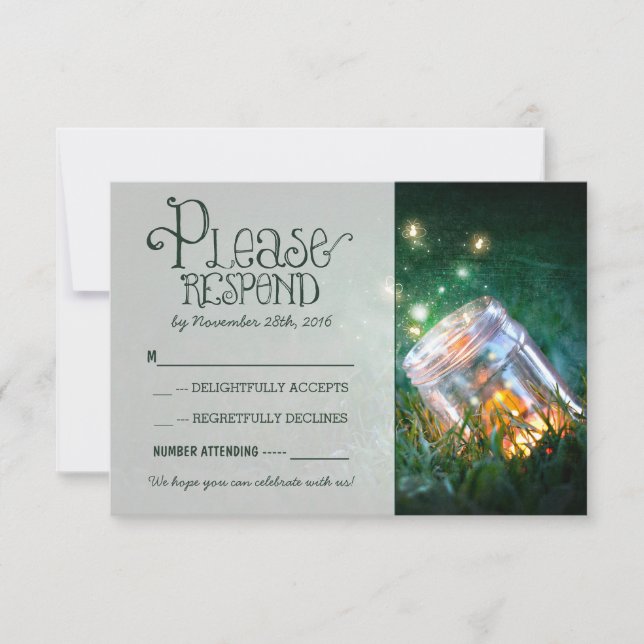 Tarjeta De Confirmación De Asistencia luciérnagas frasco de albañil boda rústica en jard (Anverso)