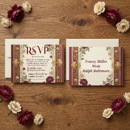 Tarjeta De Confirmación De Asistencia Lujo Bodas Ornate Rosa Borgoña Dorada Vintage