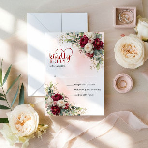 Tarjeta De Confirmación De Asistencia Lujo Boho Burgundy Flores Blancas Boda de Oro