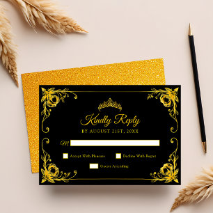 Tarjeta De Confirmación De Asistencia Lujo Floral Dorado Quinceañera Negro y Dorado