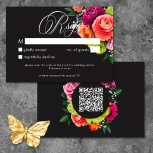 Tarjeta De Confirmación De Asistencia Lujo Malhumorado Floral Vibrante Rosa Negro Boda Q