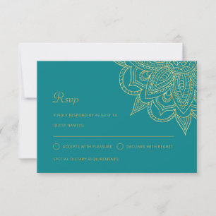 Tarjeta De Confirmación De Asistencia Lujoso Boda indio elegante Verde azulado de oro Me