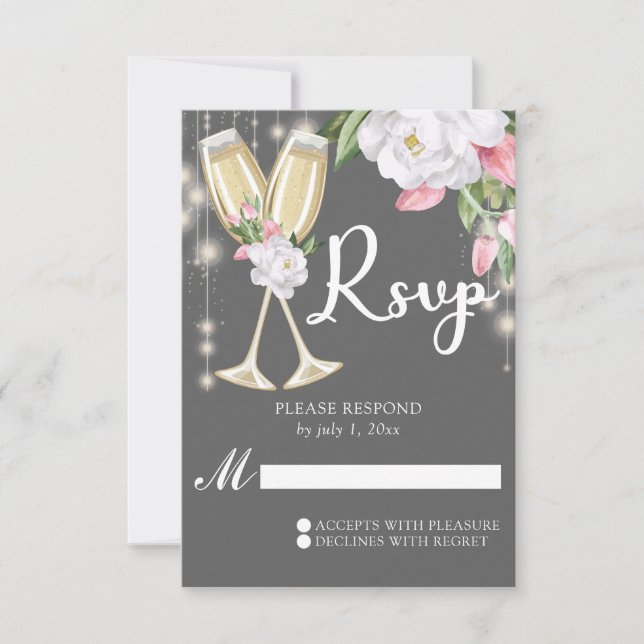 Tarjeta De Confirmación De Asistencia Lujoso Gray Champagne Floral 30 cumpleaños (Anverso)