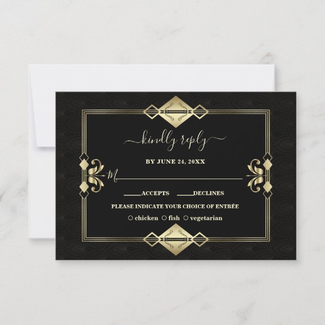 Tarjeta De Confirmación De Asistencia Luxury Gold Black Art Deco Fleur-de-Lis Boda (Anverso)