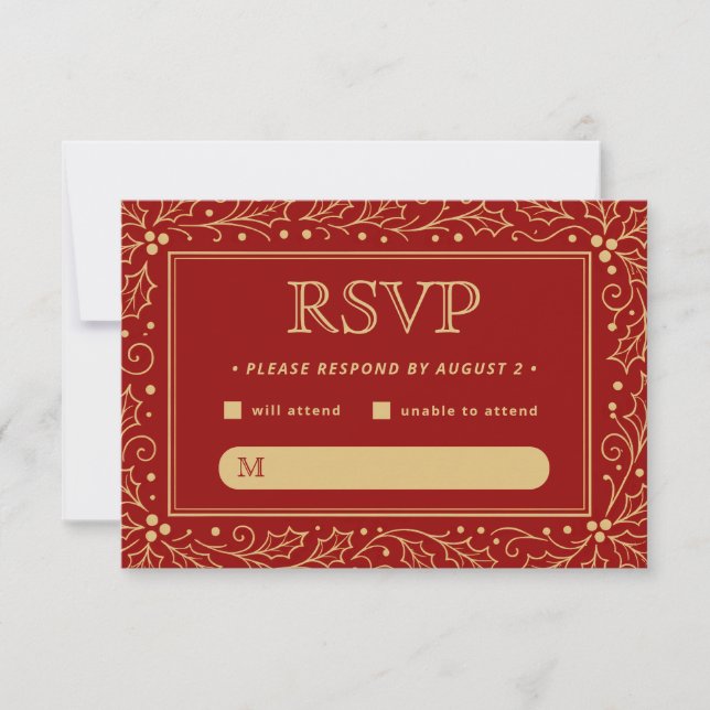 Tarjeta De Confirmación De Asistencia Luxury Red & Antique-Gold Wedding (Anverso)