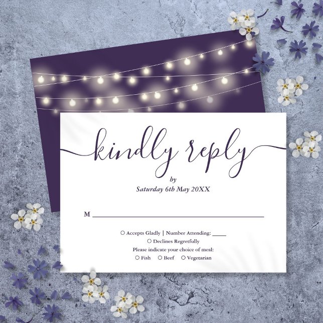 Tarjeta De Confirmación De Asistencia Luz de cadena Elección de comida con guión púrpura (String Lights Purple Script Meal Choice RSVP Card)