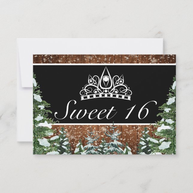 Tarjeta De Confirmación De Asistencia Madera nevada negra y cereal Tiara Sweet 16 (Anverso)