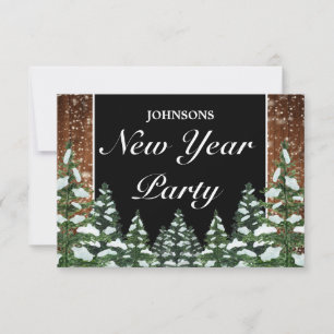 Tarjeta De Confirmación De Asistencia Madera nevada negra y Fiesta de año nuevo de pino