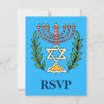 Tarjeta De Confirmación De Asistencia Magen persa David Menorah<br><div class="desc">Una tarjeta RSVP para acompañar las invitaciones Bar/Bat Mitzvah con el mismo diseño. Esta imagen fue adaptada de una antigua teja judía persa y cuenta con una menorah con un Magen David (Estrella de David) enmarcado por ramas de olivo. Se han conservado las imperfecciones de la imagen original pintada a...</div>