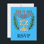 Tarjeta De Confirmación De Asistencia Magen persa David Menorah<br><div class="desc">Una tarjeta RSVP para acompañar las invitaciones Bar/Bat Mitzvah con el mismo diseño. Esta imagen fue adaptada de una antigua teja judía persa y cuenta con una menorah con un Magen David (Estrella de David) enmarcado por ramas de olivo. Se han conservado las imperfecciones de la imagen original pintada a...</div>