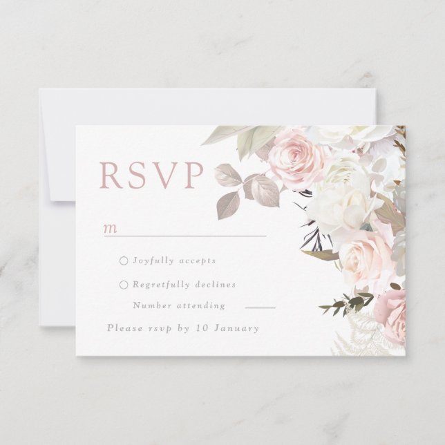 Tarjeta De Confirmación De Asistencia Magnífico Boda de Rubor y Floral Blanca (Anverso)