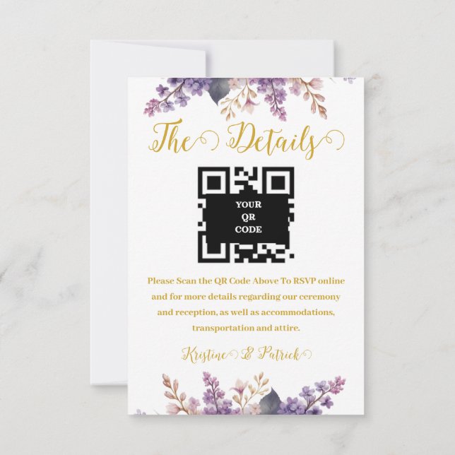 Tarjeta De Confirmación De Asistencia Magnífico Boda del viñedo Lilac Detalles Código QR (Reverso)