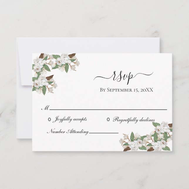 Tarjeta De Confirmación De Asistencia Magnolias Blancas Elegante Boda (Anverso)