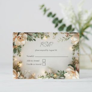 Tarjeta De Confirmación De Asistencia Magnolias y Luces Boda Floral Elegante