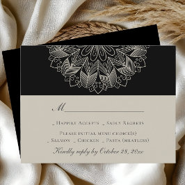 Tarjeta De Confirmación De Asistencia Mandala Boho Boda negro elegante indio