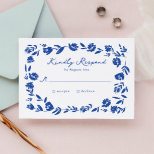 Tarjeta De Confirmación De Asistencia Mano azul dibujado Boda de borde de flor caprichos
