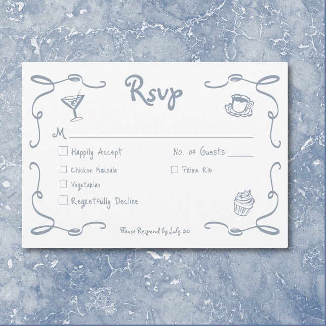 Tarjeta De Confirmación De Asistencia Mano retro caprichosa Boda azul turbio (Whimsical Retro Hand Drawn Dusty Blue Wedding RSVP Card)
