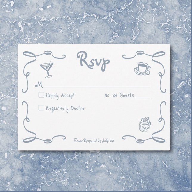 Tarjeta De Confirmación De Asistencia Mano retro caprichosa Boda azul turbio (Whimsical Retro Hand Drawn Dusty Blue Wedding RSVP Card)