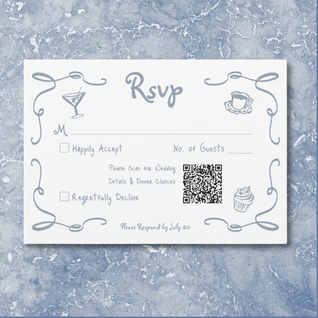 Tarjeta De Confirmación De Asistencia Mano retro caprichosa Boda azul turbio (Whimsical Retro Hand Drawn Dusty Blue Wedding RSVP Card)