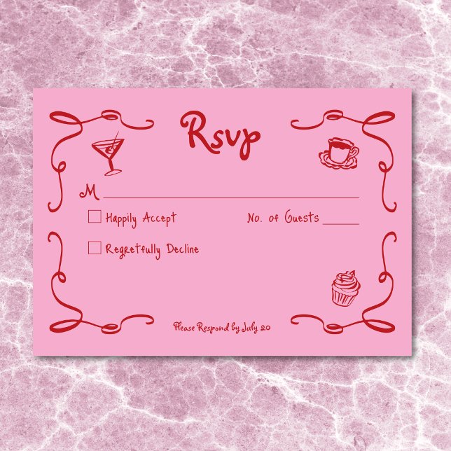 Tarjeta De Confirmación De Asistencia Mano retro caprichosa Boda rojo rosado (Whimsical Retro Hand Drawn Pink Red Wedding RSVP Card)