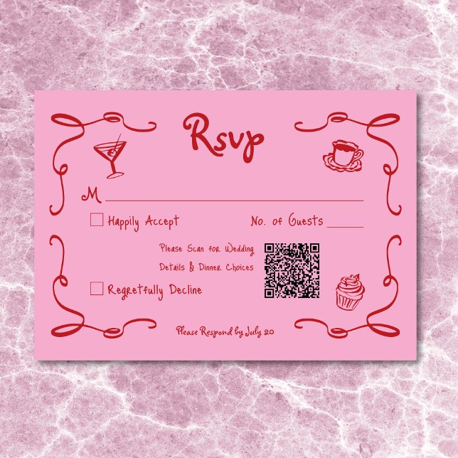 Tarjeta De Confirmación De Asistencia Mano retro caprichosa Boda rojo rosado QR (Whimsical Retro Hand Drawn Pink Red Wedding QR RSVP Card)