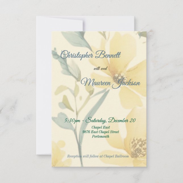 Tarjeta De Confirmación De Asistencia Mantequilla Amarillo Paleta Azul Floral Acuarela (Anverso)