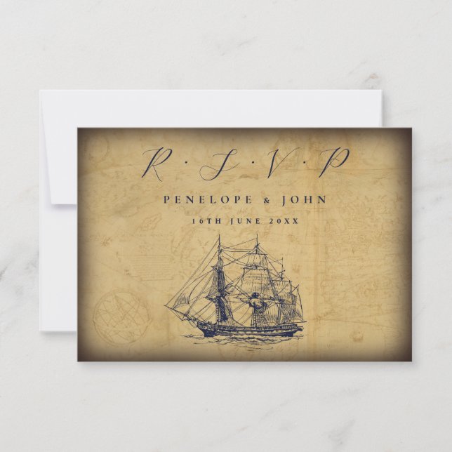 Tarjeta De Confirmación De Asistencia Mapa antiguo Boda de Ilustracion de barcos náutico (Anverso)