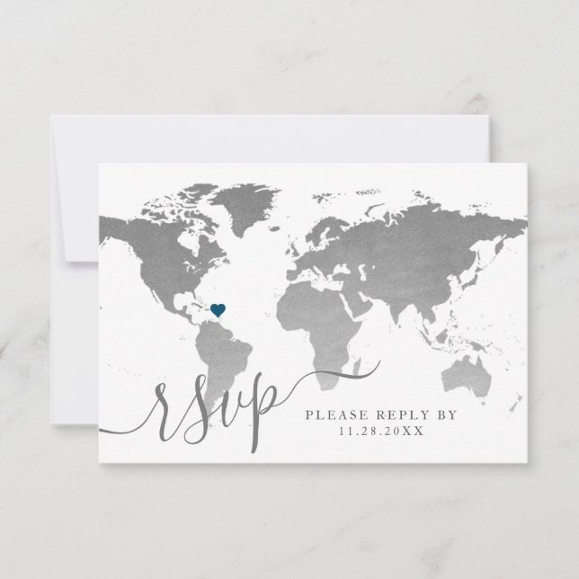 Tarjeta De Confirmación De Asistencia Mapa de viaje de Silver World para bodas de destin (Anverso)