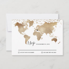 Tarjeta De Confirmación De Asistencia Mapa Mundial de Destino de Boda en Oro con Corazón