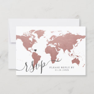 Tarjeta De Confirmación De Asistencia Mapa Mundial Tema de Viaje Rosa Dorado