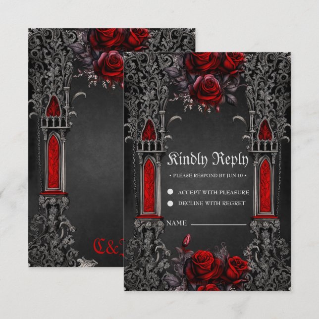 Tarjeta De Confirmación De Asistencia Maravilloso diseño boda gótico oscuro. (Anverso / Reverso)