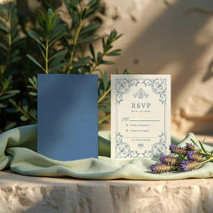 Tarjeta De Confirmación De Asistencia Marco de borde ornamental tradicional azul y blanc