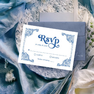 Tarjeta De Confirmación De Asistencia Marco de Chinoiserie vintage Dusty Boda azul
