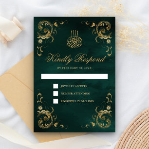 Tarjeta De Confirmación De Asistencia Marco de oro antiguo verde esmeralda boda islámica