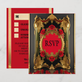 Tarjeta De Confirmación De Asistencia Marco dorado con rosas rojas, boda de estilo gótic