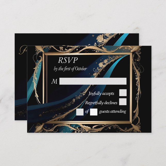 Tarjeta De Confirmación De Asistencia Marco dorado verde azulado boda negro azul (Subido por el creador)