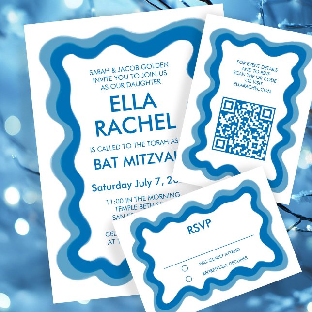 Tarjeta De Confirmación De Asistencia Marco ondulado Moderno Moda Personalizado Bar Bat  (Wavy Frame Modern Chic Custom Bar Bat Mitzvah RSVP Card
)