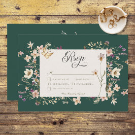 Tarjeta De Confirmación De Asistencia Marco rústico de flores silvestres verde esmeralda