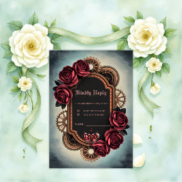Tarjeta De Confirmación De Asistencia Marco Steampunk con rosas y engranajes rojos