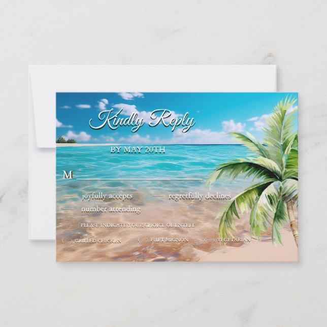 Tarjeta De Confirmación De Asistencia Marea turquesa Tropical Palm Tree Beach Wedding (Anverso)