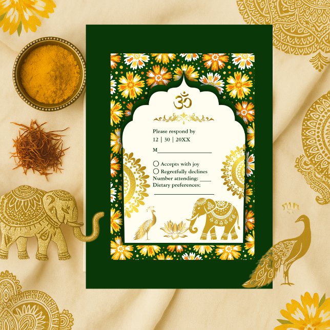 Tarjeta De Confirmación De Asistencia Marfil esmeralda Marigold Boda hindú (Subido por el creador)