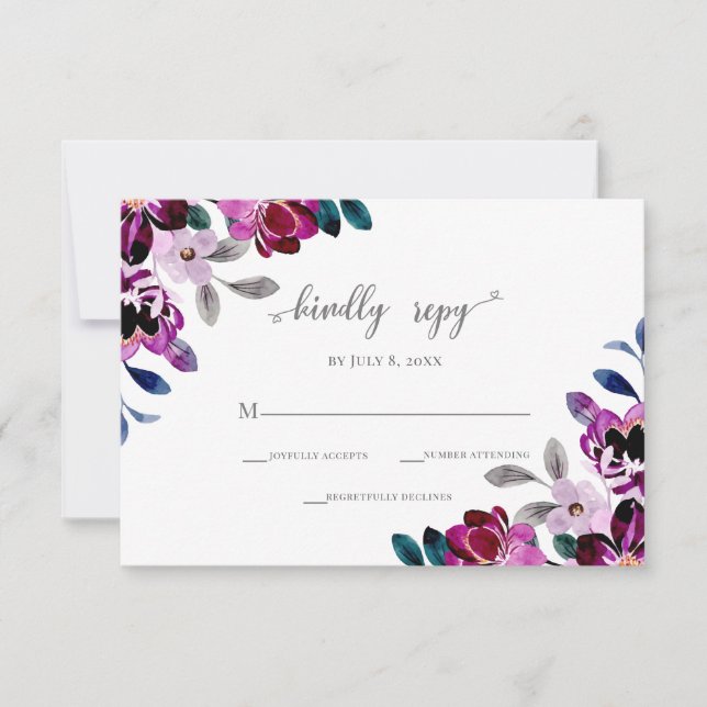 Tarjeta De Confirmación De Asistencia Marina acuarela y Boda morado floral (Anverso)
