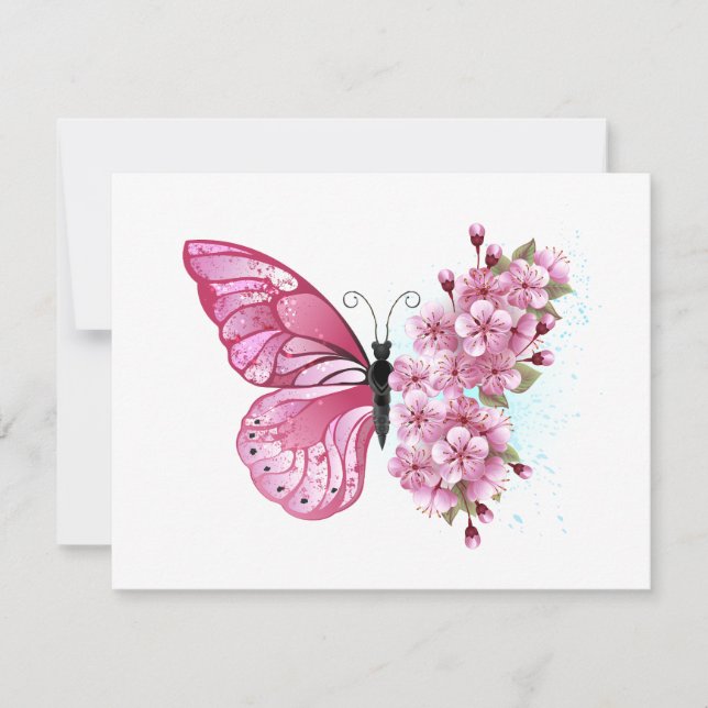 Tarjeta De Confirmación De Asistencia Mariposa de flores con Sakura rosa (Anverso)
