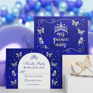 Tarjeta De Confirmación De Asistencia Mariposa de la Marina Azul Oro Azul Quinceañera