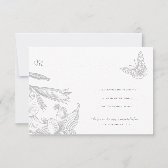 Tarjeta De Confirmación De Asistencia Mariposa Lilies Silver 25° Aniversario Boda (Anverso)